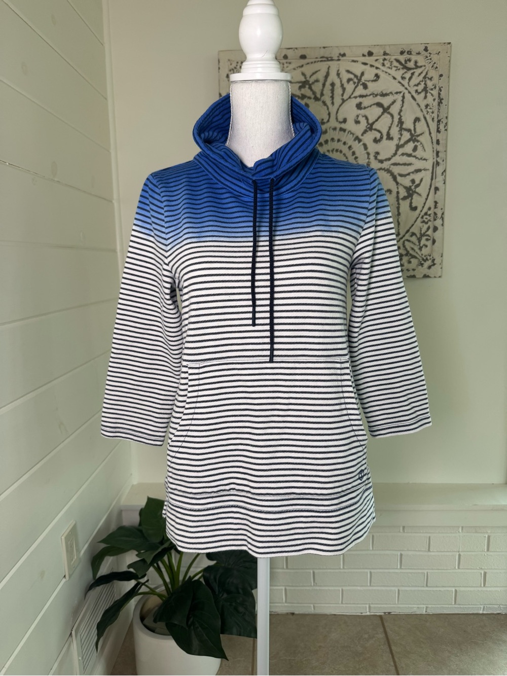 T by Talbots Blue Ombre Striped Cowl Neck Pullover Sweatshirt Small Petite